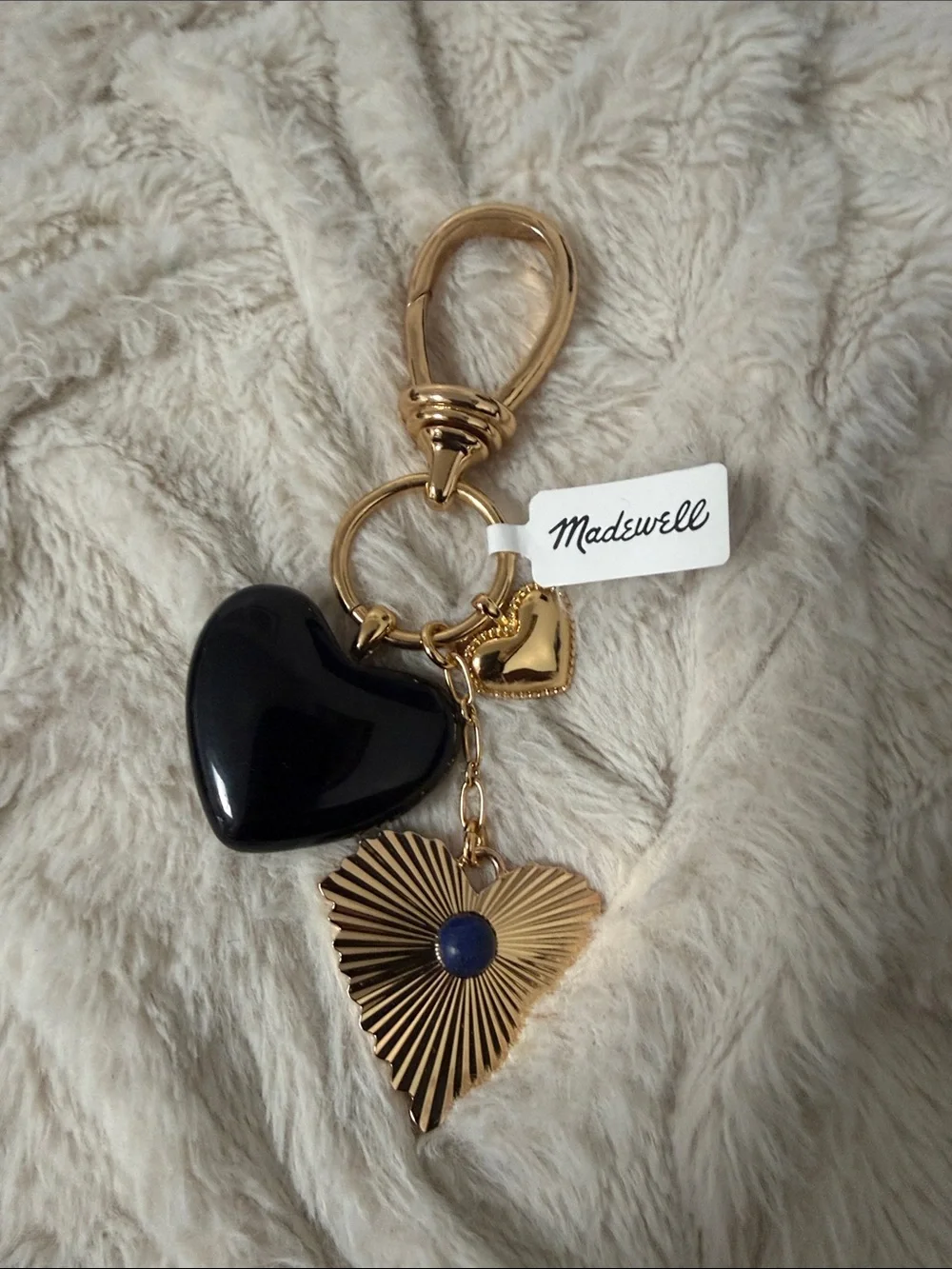 New Madewell Black and Gold Heart Charm Keyring with Blue Accent